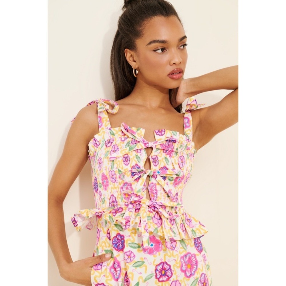 CeliaB Turpin Floral Midi Dress Pink Yellow Cotton Smocked Peplum Tie Strap S